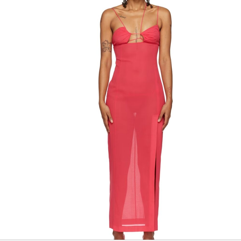 Nensi Dojaka Fuschia Asymmetric Neck Strap Maxi Thigh High Slit Slip Dress M NEW